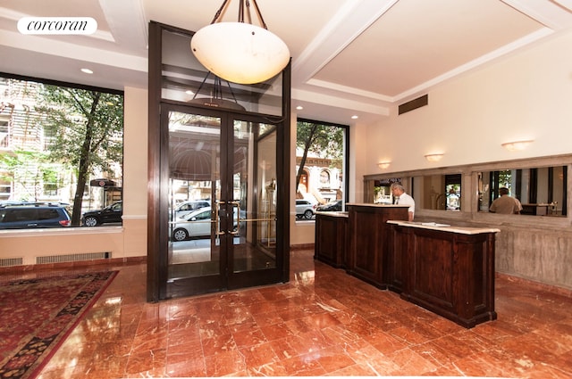 140 W 69th St Unit 26C, New York City, NY 10023 - bar area with french doors, a raised ceiling, and recessed lighting