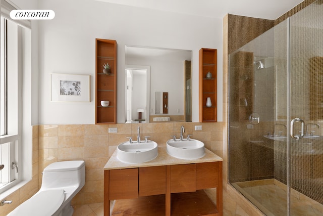 250 E 49th St Unit 3D, New York City, NY 10017 - bathroom with a stall shower, double vanity, and tile walls