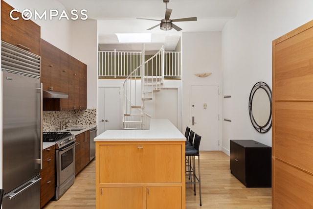 55 Hudson St Phe, Phe, New York City, NY 10013 - kitchen featuring stainless steel appliances, a ceiling fan, a skylight, and light wood-type flooring