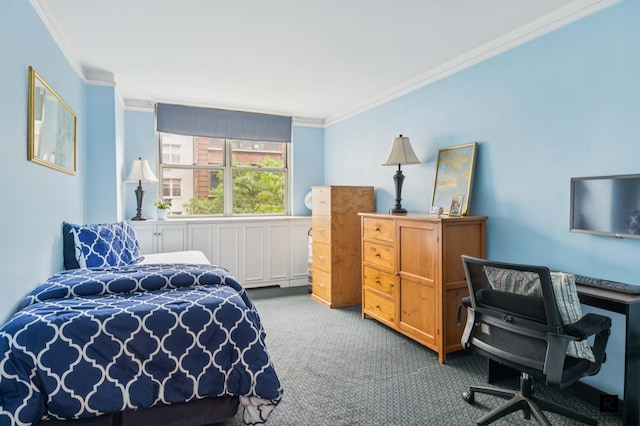 222 E 80th St Unit 6-C, New York City, NY 10075 - carpeted bedroom with crown molding and a desk
