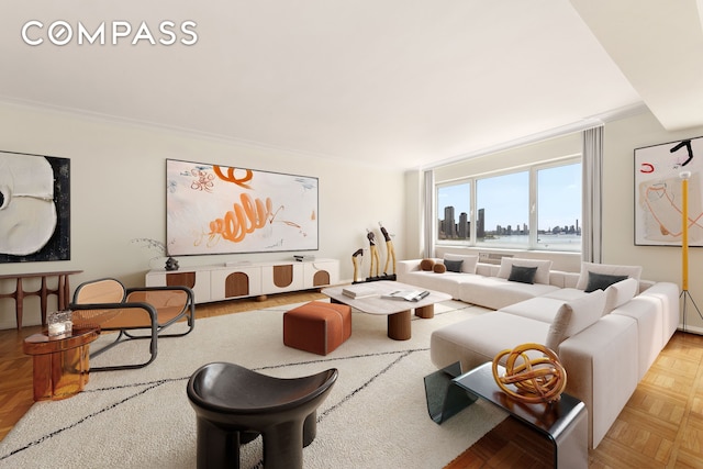 45 Sutton Pl S Unit 14N, New York City, NY 10022 - living area featuring ornamental molding and a city view