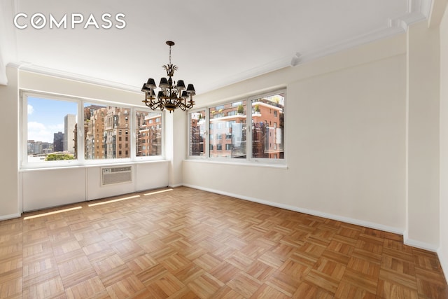 45 Sutton Pl S Unit 14N, New York City, NY 10022 - unfurnished dining area with a chandelier, a city view, and a wall mounted AC