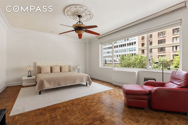 475 Park Ave Unit 3C, New York City, NY 10022 - bedroom with ornamental molding and a ceiling fan