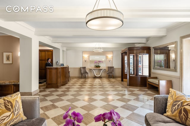 993 Park Ave Unit 4C, New York City, NY 10028 - building lobby with beam ceiling and ornamental molding