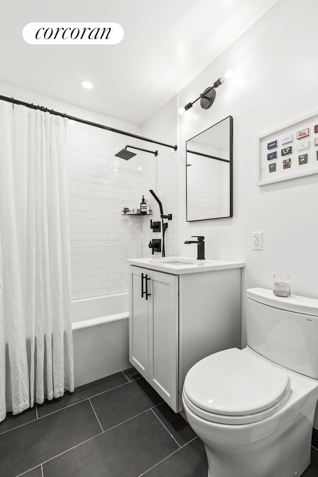 626 Washington St Unit 1B, New York City, NY 10014 - full bathroom with vanity, shower / bathtub combination with curtain, and tile patterned flooring
