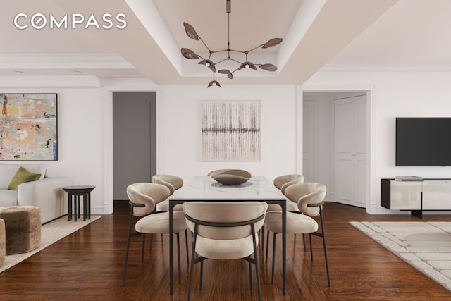 799 Park Ave Unit 17A, New York City, NY 10021 - dining room with a tray ceiling, a chandelier, dark wood-style floors, and ornamental molding