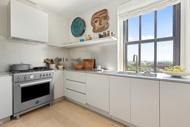 150 Joralemon St Unit 7G, New York City, NY 11201 - kitchen featuring high end stainless steel range oven, white cabinetry, light wood-type flooring, light countertops, and modern cabinets