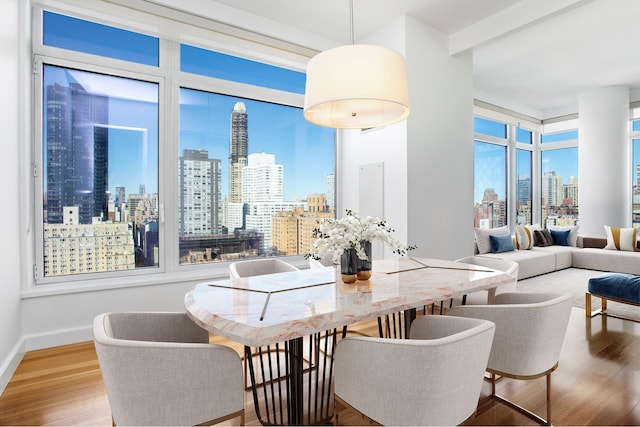 400 E 67th St Unit 20B, New York City, NY 10065 - dining space with a view of skyline and wood finished floors