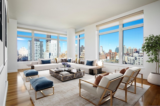 400 E 67th St Unit 20B, New York City, NY 10065 - living area featuring a view of skyline, healthy amount of natural light, and wood finished floors