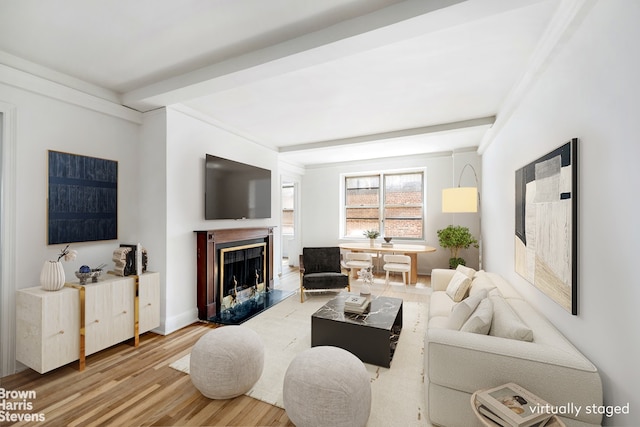 433 E 51st St Unit 11E, New York City, NY 10022 - living room featuring wood finished floors and a premium fireplace