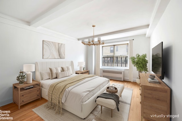 433 E 51st St Unit 11E, New York City, NY 10022 - bedroom with radiator, a chandelier, light wood-type flooring, and beam ceiling