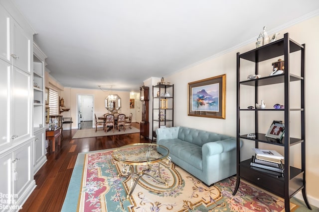 111 E 85th St Unit 9G, New York City, NY 10028 - living room with dark wood-type flooring, a chandelier, and crown molding