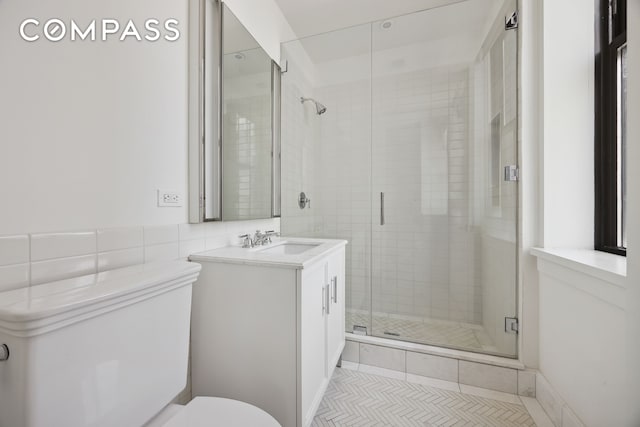 100 Barclay St Unit 15B, New York City, NY 10007 - bathroom with vanity, a stall shower, and tile walls