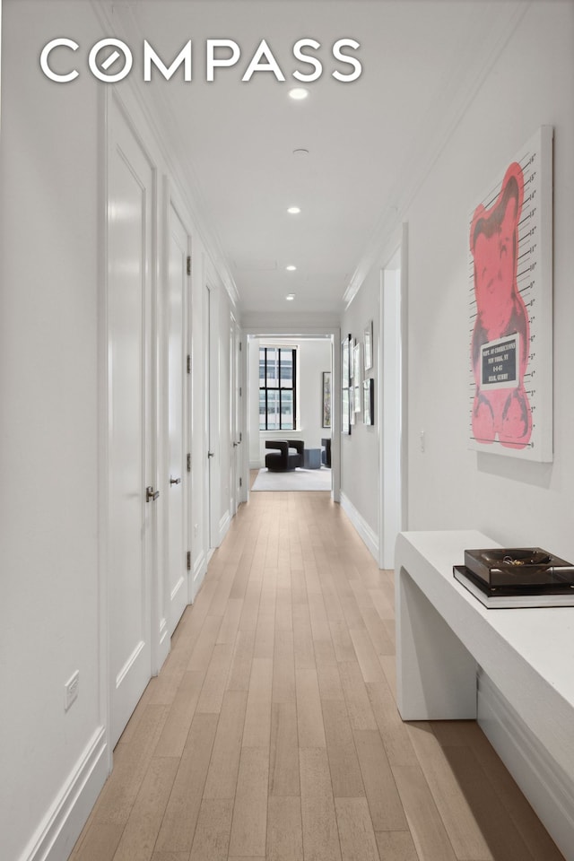 100 Barclay St Unit 15B, New York City, NY 10007 - hall with ornamental molding, light wood-type flooring, recessed lighting, and a desk