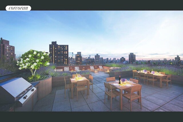 200 E 94th St Unit 405, New York City, NY 10128 - patio terrace at dusk featuring outdoor dining space, a skyline view, a patio area, and an outdoor hangout area
