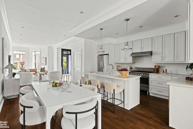 1148 Sterling Place, New York City, NY 11213 - kitchen with appliances with stainless steel finishes, under cabinet range hood, dark wood-style flooring, a kitchen bar, and decorative backsplash