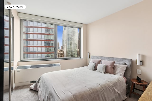 30 Little W St Unit 24A, New York City, NY 10004 - bedroom with radiator heating unit, carpet floors, and a view of city