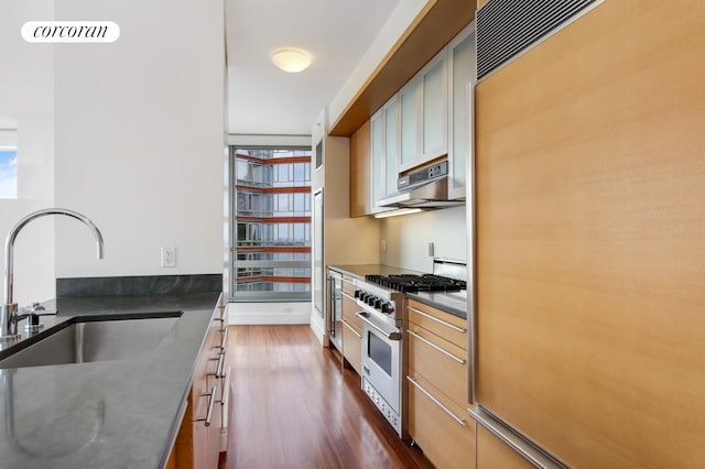 30 Little W St Unit 24A, New York City, NY 10004 - kitchen featuring fridge, designer range, under cabinet range hood, dark wood-type flooring, and dark countertops