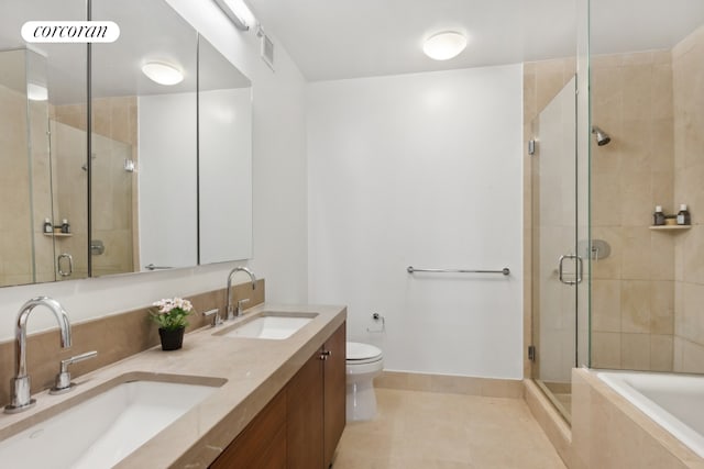 30 Little W St Unit 24A, New York City, NY 10004 - bathroom with a shower stall, double vanity, tile patterned flooring, and a relaxing tiled tub