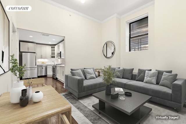 555 Lenox Ave Unit 1A, New York City, NY 10037 - living room with crown molding and dark wood-style flooring