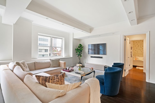 229 E 79th St Unit 7-B, New York City, NY 10075 - living room with dark wood-style flooring, beam ceiling, crown molding, and recessed lighting