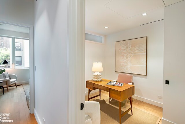 6 W 95th St, New York City, NY 10025 - office area with light wood finished floors, recessed lighting, and attic access