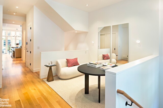 6 W 95th St, New York City, NY 10025 - hall with an upstairs landing, light wood-type flooring, and recessed lighting