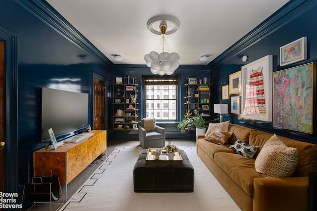 1220 Park Ave Unit 9A, New York City, NY 10128 - living room with crown molding, a chandelier, and carpet flooring