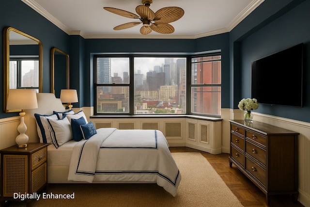 215 E 79th St Unit 12B, New York City, NY 10075 - bedroom featuring multiple windows, wainscoting, and crown molding