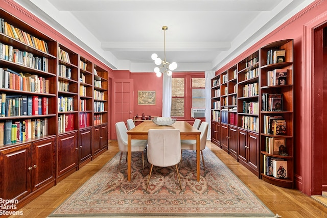59 W 71st St Unit 4A, New York City, NY 10023 - dining area with beamed ceiling and a chandelier