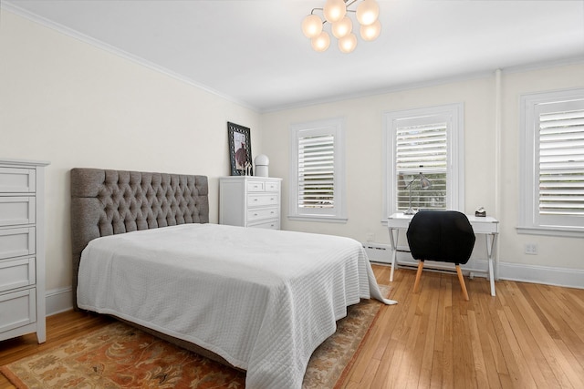 100-15 Ascan Ave, New York City, NY 11375 - bedroom with light wood finished floors, multiple windows, a chandelier, ornamental molding, and a baseboard heating unit
