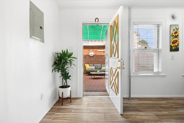 100-15 Ascan Ave, New York City, NY 11375 - doorway with electric panel, wood finished floors, and crown molding