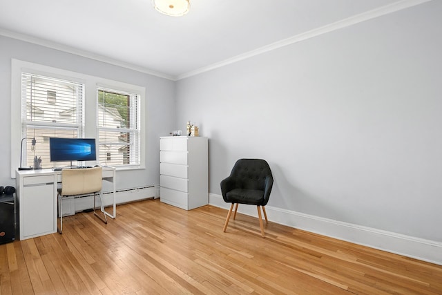 100-15 Ascan Ave, New York City, NY 11375 - home office featuring baseboard heating, ornamental molding, and light wood finished floors