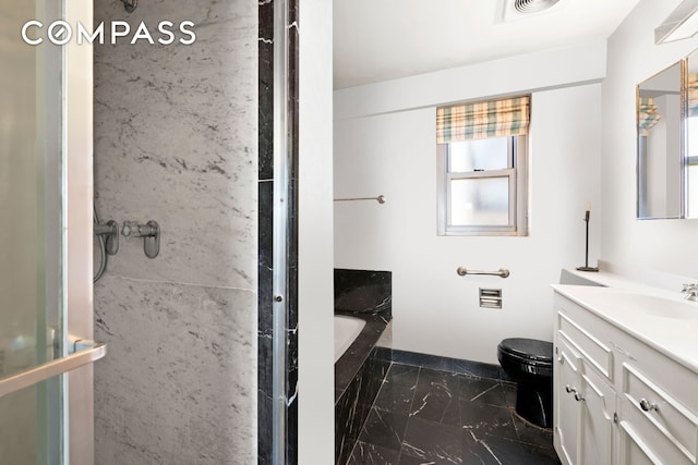 650 Park Ave Unit 18C, New York City, NY 10065 - full bathroom featuring marble finish floors, vanity, healthy amount of natural light, and a bath