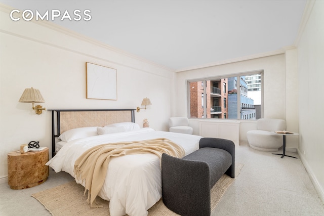200 E 57th St Unit 18F, New York City, NY 10022 - carpeted bedroom with crown molding and baseboards