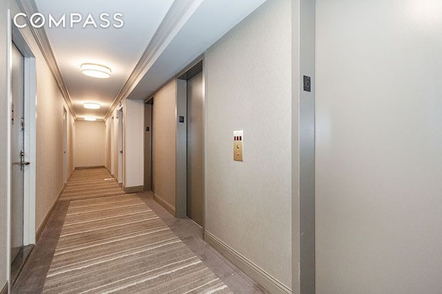 201 E 17th St Unit 31E, New York City, NY 10003 - corridor with elevator, light carpet, and ornamental molding