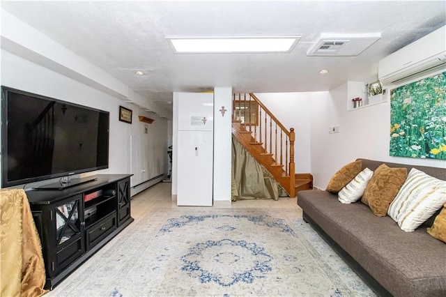 7007 Narrows Ave, New York City, NY 11209 - living room with a wall mounted air conditioner, stairway, a baseboard radiator, and recessed lighting