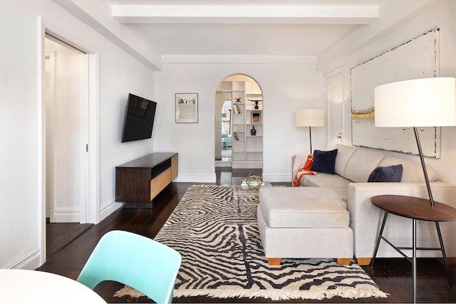 235 W End Ave Unit 16A, New York City, NY 10023 - living area with beam ceiling, wood finished floors, and arched walkways