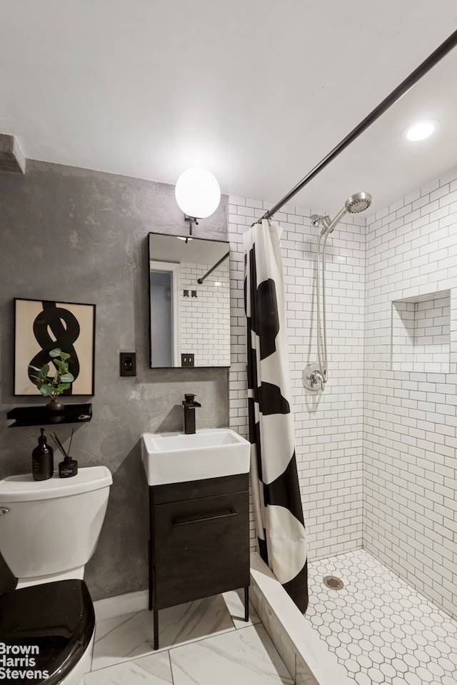 31-28 56th St, New York City, NY 11377 - full bathroom with a stall shower, vanity, and marble finish floors