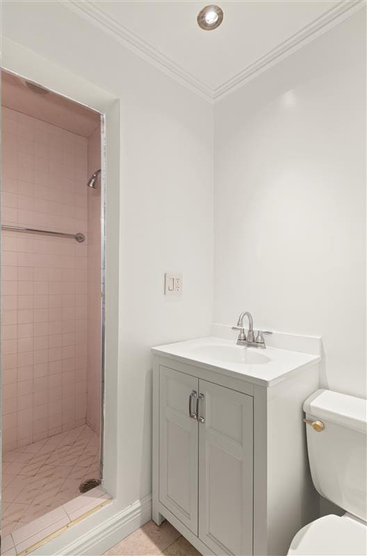 340 E 64th St Unit 9-B, New York City, NY 10065 - bathroom with a stall shower, ornamental molding, vanity, and recessed lighting