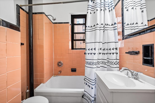 30-83 Crescent St Unit 3A, New York City, NY 11102 - bathroom with shower / bath combination with curtain, vanity, and tile walls