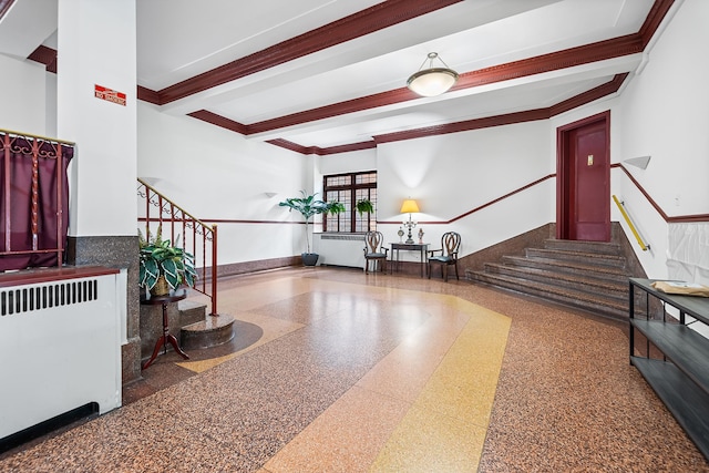 30-83 Crescent St Unit 3A, New York City, NY 11102 - lobby featuring stairway, beamed ceiling, and ornamental molding