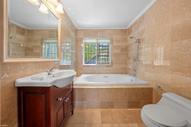 248 E 33rd Street Townhouse, New York City, NY 10016 - full bath featuring tile walls, vanity, ornamental molding, tile patterned floors, and a combined bath / shower with jetted tub