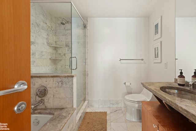 446 Kent Ave Unit 11B, New York City, NY 11211 - full bathroom featuring marble finish flooring, a shower stall, a garden tub, and vanity
