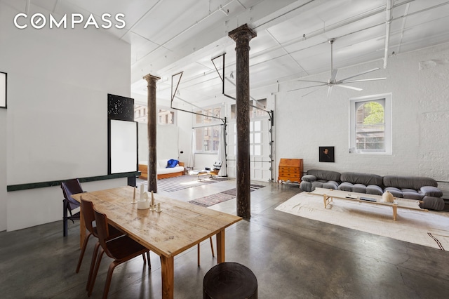125 Watts St Unit 1, New York City, NY 10013 - dining area featuring decorative columns, finished concrete floors, and ceiling fan