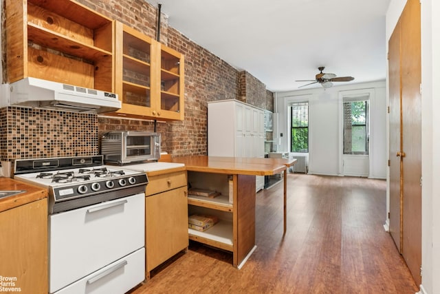 433 W 46th St Unit 1Rw, New York City, NY 10036 - kitchen with white range with gas cooktop, under cabinet range hood, open shelves, radiator, and light wood-style flooring