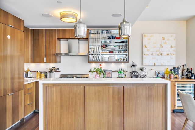 60 Riverside Blvd Unit 2402, New York City, NY 10069 - kitchen featuring wall chimney range hood, beverage cooler, modern cabinets, dark wood finished floors, and light countertops