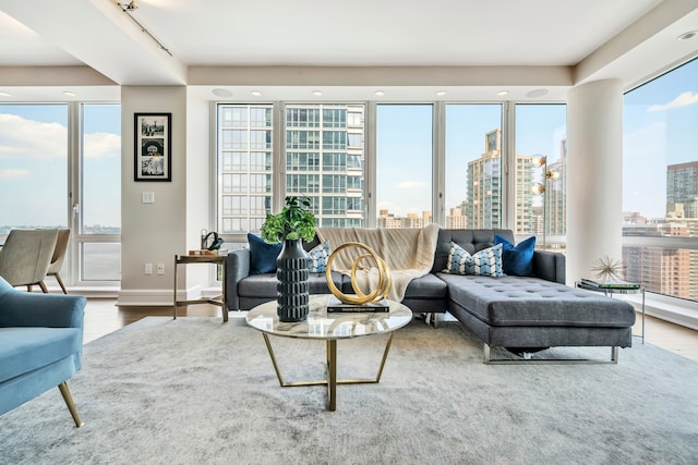 60 Riverside Blvd Unit 2402, New York City, NY 10069 - living area with a view of city, wood finished floors, and plenty of natural light
