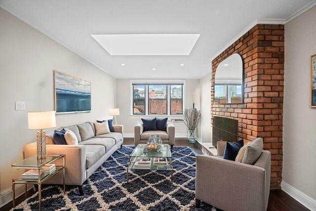 250 W 15th St Unit 6F, New York City, NY 10011 - living room featuring a skylight, dark wood-type flooring, crown molding, and recessed lighting