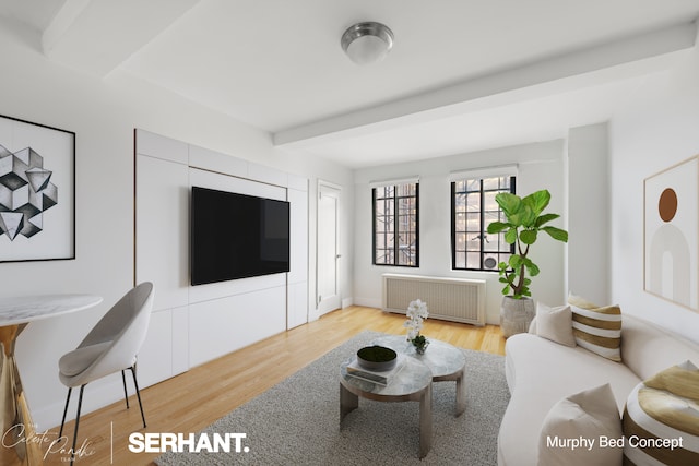 320 E 42nd St Unit 705, New York City, NY 10017 - living room featuring radiator, wood finished floors, and beamed ceiling